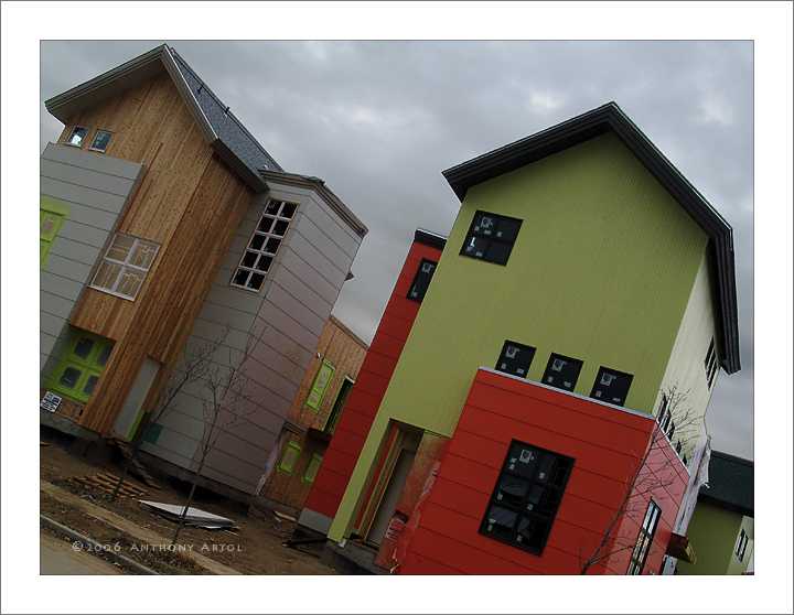 Colorful houses in cloudy day